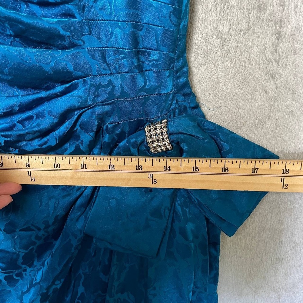 Vintage AJ Bari 100% Silk Teal Floral Ruched Ruffle Sleeve Cocktail Dress Size 8 - Picture 8 of 13